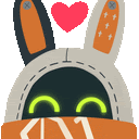 a robot with bunny ears is wearing a mask and has a heart in the background .