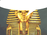 a statue of a pharaoh with a speech bubble above his head