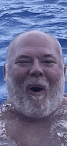 a bald man with a beard is swimming in the water and smiling .