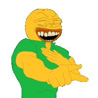 a cartoon drawing of a yellow face with a green shirt