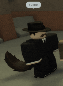 a man in a suit and hat says furry in a speech bubble