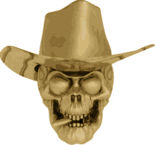 a gold skull wearing a cowboy hat with a cigarette in its mouth