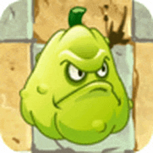 a cartoon of a pear with an angry face