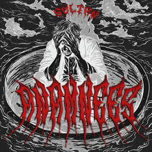 a black and white drawing of a man with his hands on his face and the word " nightmare " in red