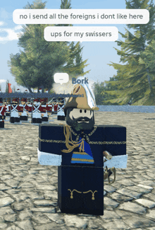 a roblox character named bork is standing in front of some soldiers