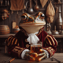 a frog in a fancy costume holds a glass of beer