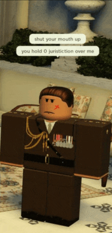 a roblox character in a military uniform is standing in a living room