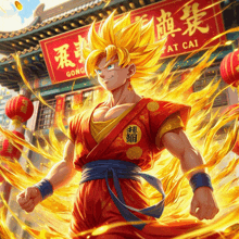 a dragon ball z character is standing in front of gong fat cai