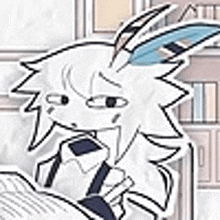 a white furry character is reading a book while wearing a tie .