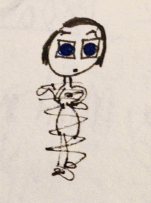 a child 's drawing of a cartoon character with blue eyes