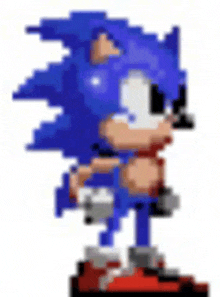 a pixel art of sonic the hedgehog standing on a red block .