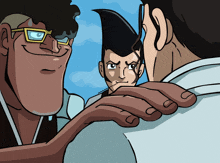 a cartoon drawing of a man with glasses talking to another man