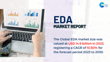 a person is typing on a laptop with the words eda market report on the top