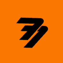 a black logo on an orange background with the number 3 on it