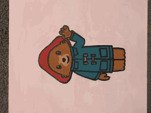 a drawing of a teddy bear wearing a blue jacket and a red hood