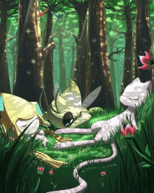 a painting of a cat and a dragon laying in the grass in a forest