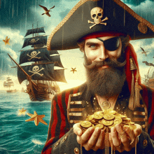 a pirate holding a pile of gold coins in front of a pirate ship