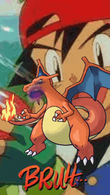 a cartoon of ash and charizard with the word brut in red letters