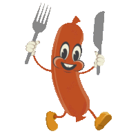 a sausage holding a fork and a knife in its hands