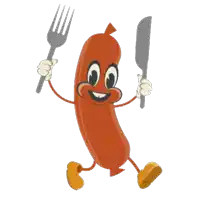 a sausage holding a fork and a knife in its hands