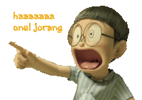 a cartoon character pointing at something with the words haaaaaa onel jorang below him