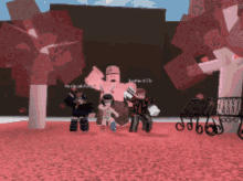 a group of roblox characters standing in a park with trees and a bench