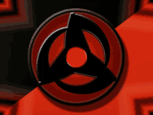 a black and red circle with a red center on a red and black background