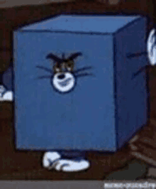 a cartoon cat is standing in a blue box with a cat face on it .