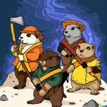 a cartoon drawing of a group of animals including a beaver holding an axe