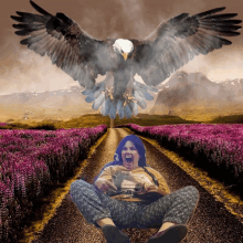 a woman is screaming in front of an eagle that is flying over her