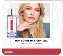 a bottle of l' oreal revitalift hyaluronic acid serum next to a model