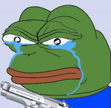 a cartoon frog is crying and holding a gun that says ' beretta ' on it