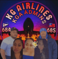 a group of people standing in front of a sign that says kg airlines kga admins