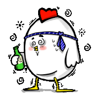 a cartoon of a chicken wearing a tie and holding a bottle .