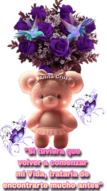 a teddy bear holding a bouquet of purple roses with anita cruz on it