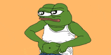 a cartoon of a green frog wearing a white tank top and jeans