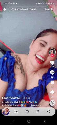 a screenshot of a woman 's tiktok page shows that she has a tattoo on her arm