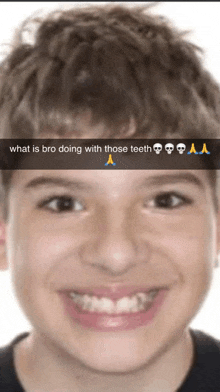 a picture of a young boy with a caption that says " what is bro doing with those teeth "