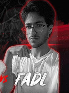 a man wearing glasses and a white shirt with the name fadl on his arm