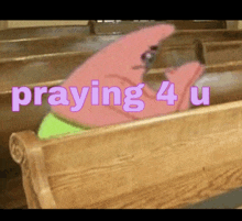 a spongebob character is sitting on a church bench and praying