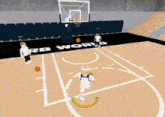 a basketball game is being played on a court with rb world written on it
