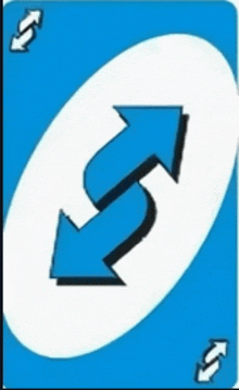 a blue and white uno card with two blue arrows pointing in opposite directions