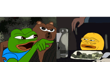 a cartoon of a frog and a bear sitting at a table