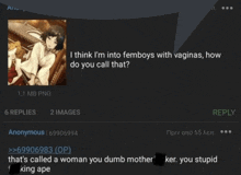 a black screen with a picture of a woman and the words " i think i 'm into femboys with vaginas "