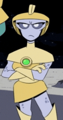 a cartoon character is standing with his arms crossed and wearing a yellow outfit