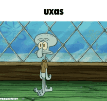 squidward from spongebob squarepants is standing in front of a chain link fence with the word uxas above him