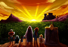 a group of cartoon characters standing in front of a castle at sunset