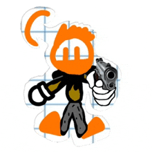 a cartoon character is holding a gun in his right hand .