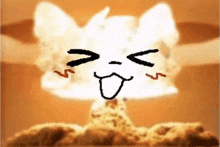 a drawing of a cat with a smiley face in front of a bomb explosion