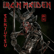 a poster for iron maiden shows a samurai holding a bloody sword